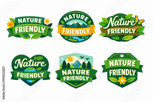 Nature friendly badges set, green eco labels promoting organic, sustainable, and ecological products and services