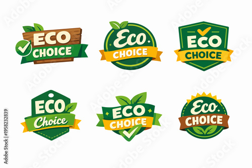 Eco choice badges collection, depicting sustainable, organic, and environmentally friendly product labels or emblems