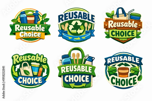 Collection of eco-friendly emblem designs featuring sustainable everyday items for reuse and protecting environment