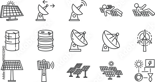 Renewable energy icons collection, solar panels, wind turbine, satellite communication, oil barrel, sustainability concept, eco-friendly technology, clean power, environmental resources, innovation