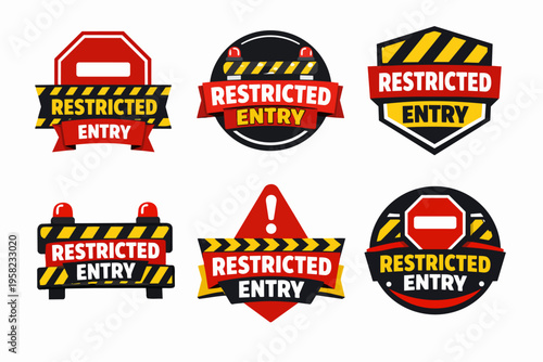 Collection of restricted entry label designs, warning signs with stop symbols, caution stripes, and danger alerts