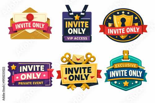 Invite only badges and exclusive access labels for vip private events and premium membership programs