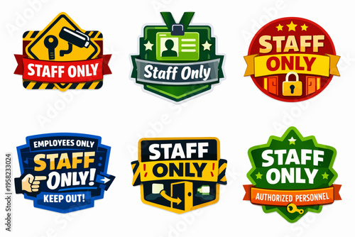 Staff only signs set illustrating restricted access, authorized personnel areas, employees entrance, and security control