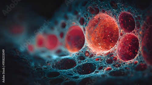 Abstract close up of cellular structure with red spheres surrounded by blue network creating complex biological or scientific background.