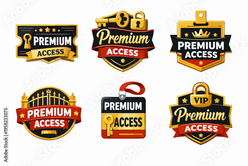 Premium access and vip badges set. Golden icons representing exclusive membership, special services, and secure content
