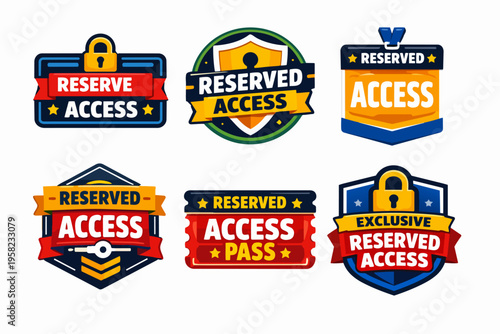 Collection of badges and labels symbolizing reserved and exclusive access, membership, or special authorization