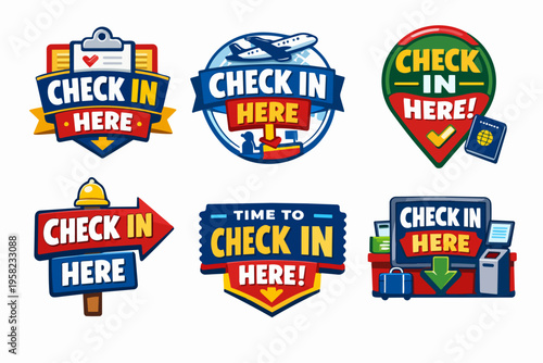 Check in here signs and labels set, modern style illustrations for travel, airport, hotel, registration process