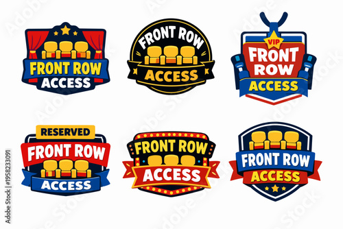 Front row access emblems set featuring premium theater seats, vip reservation, and entertainment badges