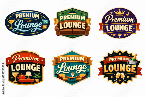 Premium lounge vintage style logo badge vector template set for hospitality, club, bar, and elegant entertainment branding