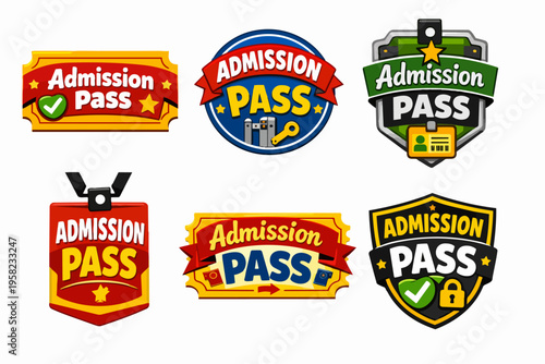 Admission passes in various styles, representing access, entry, membership, security, and event concepts