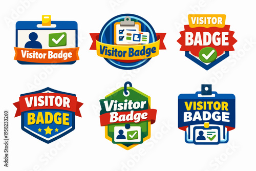 Visitor badge icons set displaying access control, identification, security passes, and credential labels for visitors