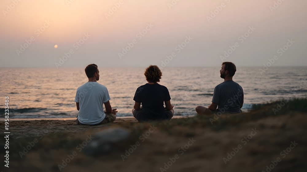 Fototapeta premium Three men in meditative poses sit peacefully on a serene beach as the sun sets over the calm ocean waters