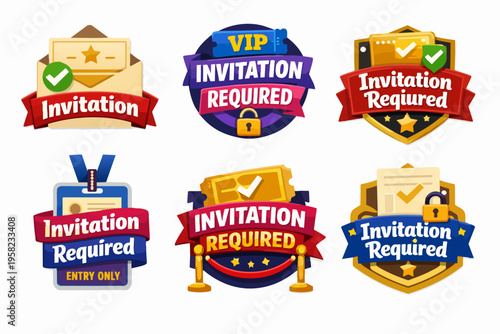 Set of invitation required badges showing vip access, private event entry, exclusive credentials, and ticket pass