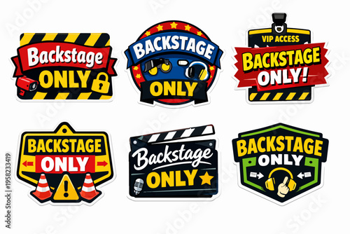 Backstage only stickers for vip access and exclusive entrance, featuring production equipment and warning signs