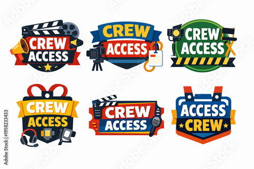 Collection of crew access stickers showcasing clapperboards, cameras, film reels, microphones, and media production id badges