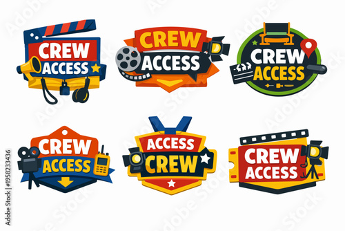 Crew access badges set for film, movie, and video production industry, representing exclusive backstage pass