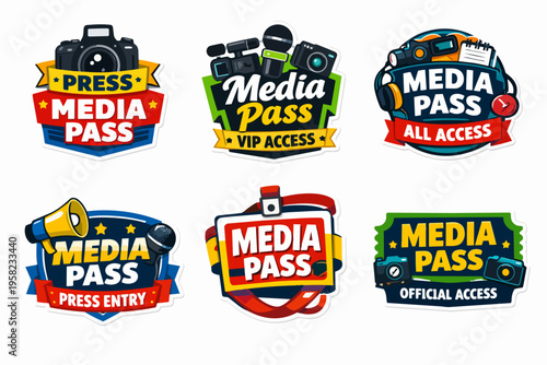 Set of colorful media pass stickers featuring cameras, microphones, and other symbols of journalism access