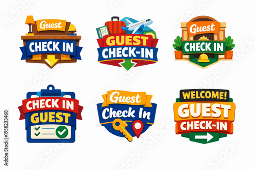 Guest check-in welcome signs for hotel, travel, and hospitality services, illustrating arrival and registration concepts