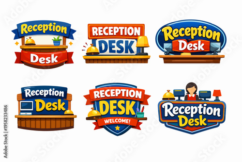 Various colorful reception desk concept designs and icons with elements like service bells, lamps, computers, and staff