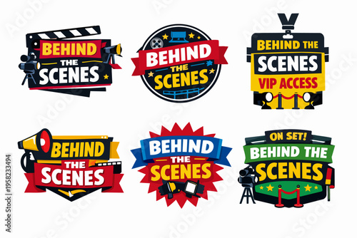 Collection of behind the scenes concept badges featuring filmmaking and production elements