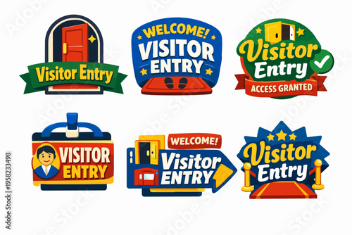 Visitor entry welcome badge and access granted stickers set for events or business reception
