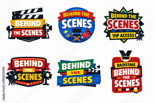 Behind the scenes badges and emblems set for filmmaking and movie production, showing backstage access and creative process