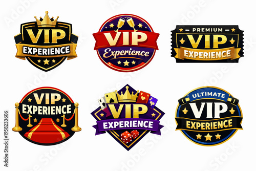 Set of vip experience emblems representing luxury, exclusive access, casino loyalty programs, and premium service