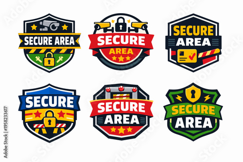 Secure area logos creating safe zones with barrier, padlock, and cctv camera icons for protection and access control