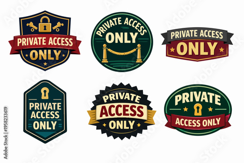 Private access only badges and labels set, showing exclusive restricted entry signs for vip members and secure areas
