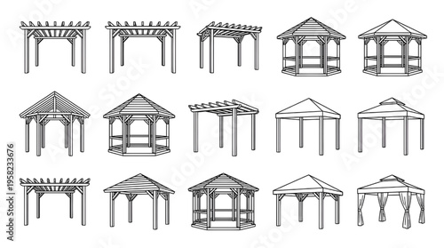 Modern Outdoor Pergola, Gazebo, and Garden Pavilion Architectural Line Art Vector Set