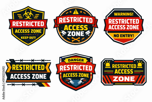 Restricted access zone warning signs collection, no entry alert labels for unauthorized areas