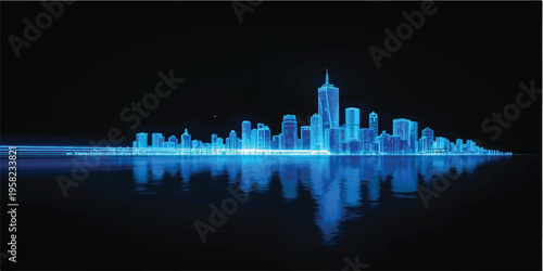 Abstract blue city background featuring a night skyline silhouette with urban architecture and skyscraper design for a business cityscape illustration