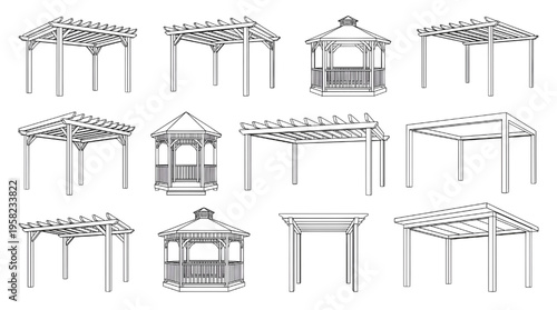 Modern Outdoor Pergola, Gazebo, and Garden Pavilion Architectural Line Art Vector Set