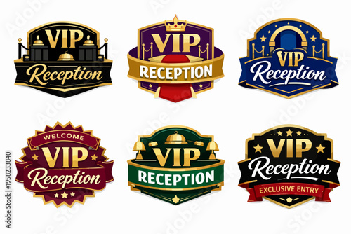 Vip reception badges set with exclusive welcome, premium event entry, luxury service, and special guest access emblems