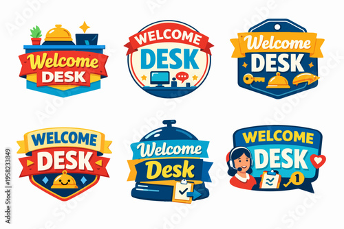 Welcome desk badges and labels collection, including concepts for hotel service, concierge, and customer support