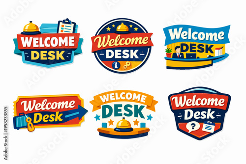 Collection of welcome desk labels and badges representing hospitality, reception, and guest services for hotels and travel