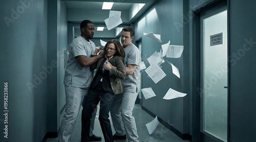 Two male orderlies in grey scrubs restrain a struggling woman in professional business attire as papers fly through the air in a cold hospital hallway.