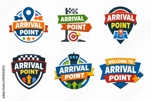 Arrival point icon set for navigation, destination, travel, and location services, featuring map markers and pathway guidance