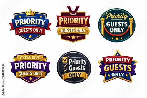 Priority access and exclusive guest only badges, premium emblems providing vip membership and special service recognition