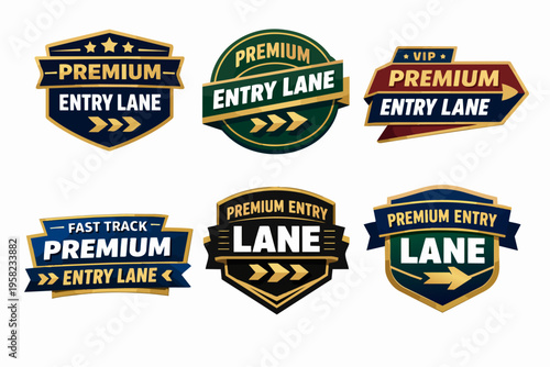 Premium entry lane badges collection providing fast track and vip access with directional arrows and quality insignia