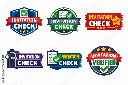 Invitation check and verified badges set representing event entry, access control, and vip guest authentication