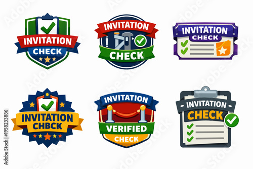 Collection of invitation check emblems and badges for event access control, security, and verified entry