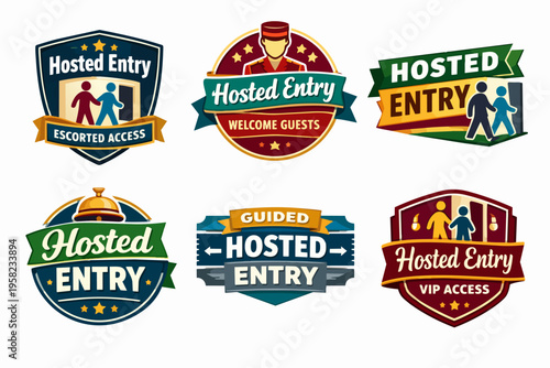 Hosted entry and vip access badges set, welcome guests and escorted access service labels with concierge bellhop symbols