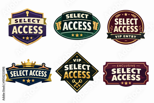 Select access badges showcasing various designs for vip entry, exclusive membership, and premium access privileges