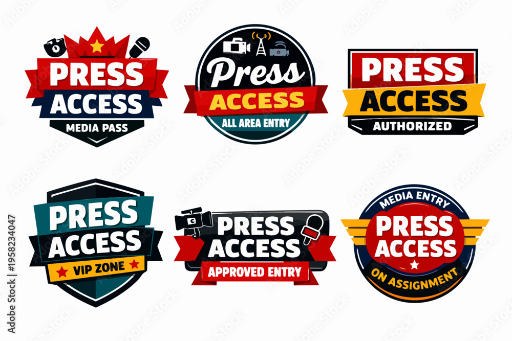 Naklejka premium Collection of press access badges and media passes for journalists and reporters, granting approved entry to news events