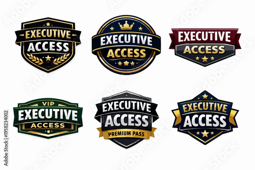 Executive access premium pass badges collection representing vip membership, exclusive benefits, and luxury services