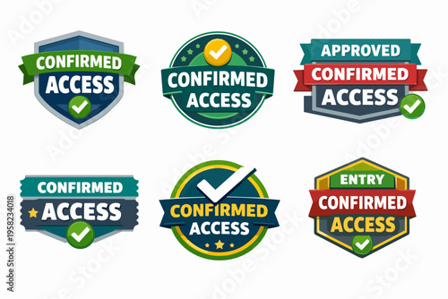 Confirmed access approved entry badges set. Granting verified security and permission seals with check marks