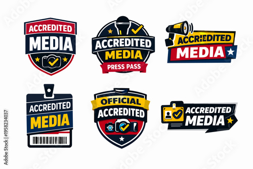 Set of accredited media badges and press pass logos for journalists, reporters, news professionals, and events access