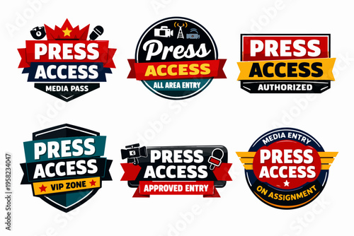 Collection of press access badges and media passes for journalists and reporters, granting approved entry to news events