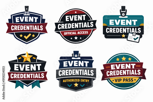 Event credentials collection featuring six distinct badge designs for official access, vip passes, and authorized entry